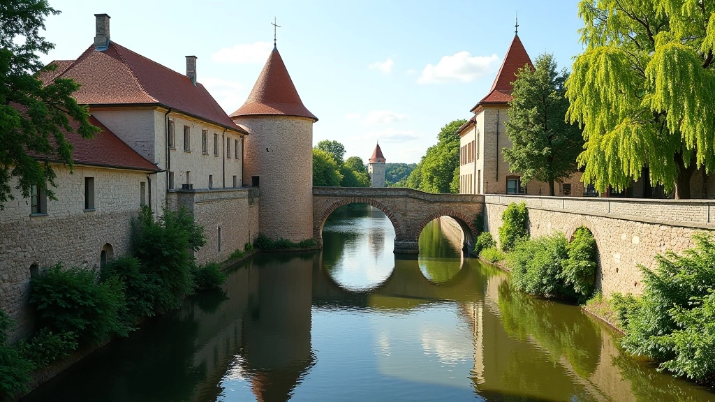 Historický příkop se stavbou pro regulaci vody a kamennými mosty