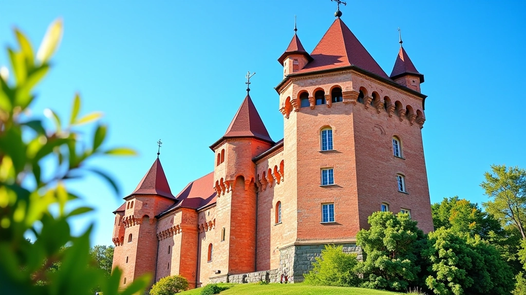 Pohled na věž Červené Lhoty s červeným pískem a historickou architekturou v letním slunci