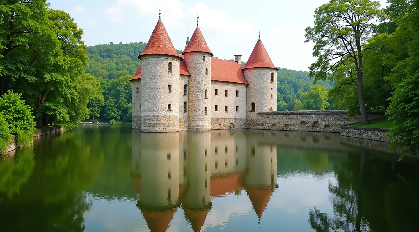 Historický vodní hrad s příkopem odráženým v klidné vodě