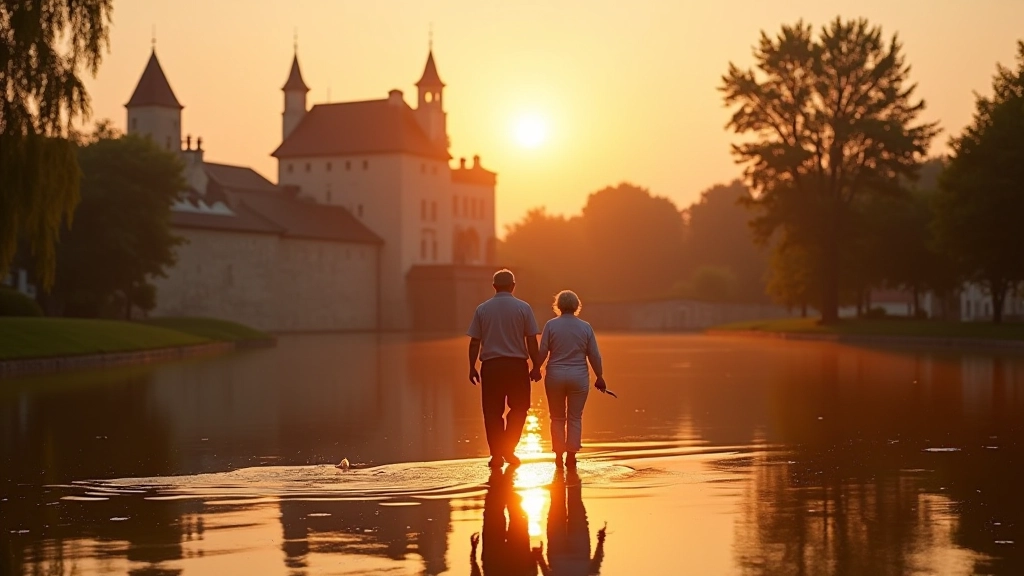 Starší pár při procházce kolem historického vodního hradu za soumraku