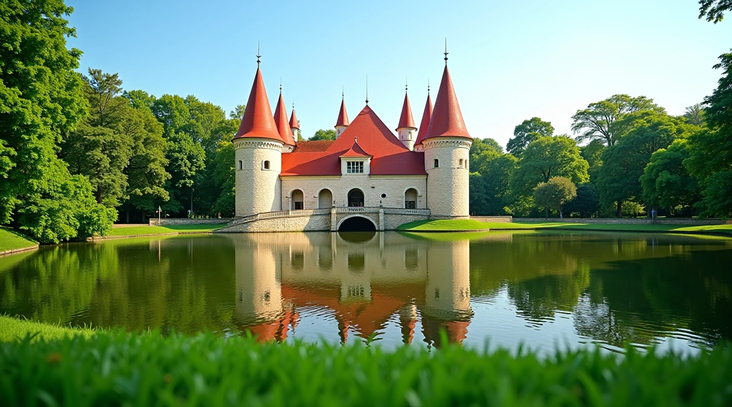 Červená Lhota vodní hrad se zrcadlením v hladině vody, letní slunečné světlo
