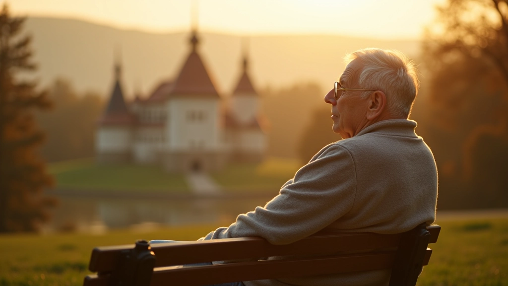 Starší muž se sedí na lavičce a pozoruje historický hrad v dálce, klidná chvíle