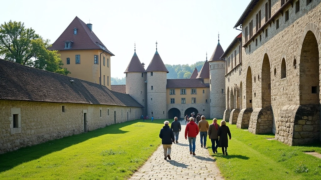 Návštěvníci procházejí historickými zámeckými areály a studují architektuру